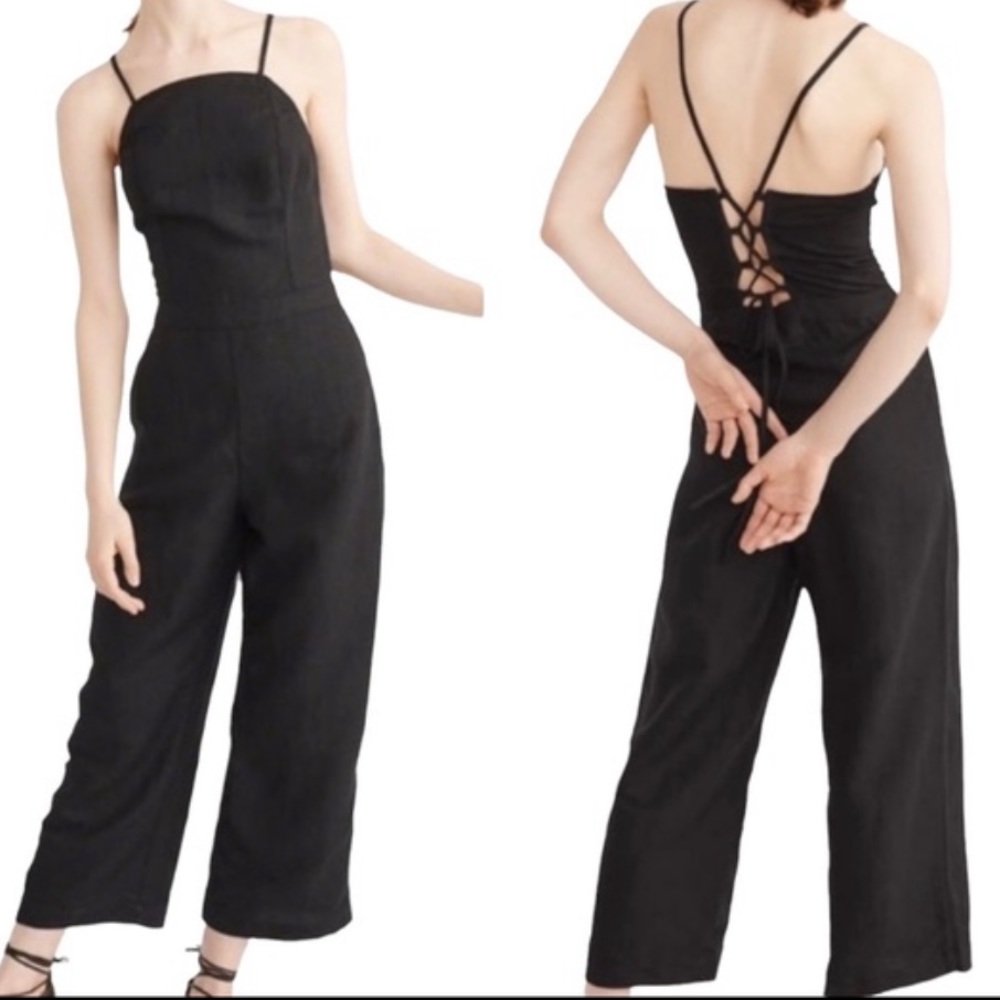 Abercrombie & Fitch Linen Strappy Back Wide Leg Crop Jumpsuit Black With Pockets
